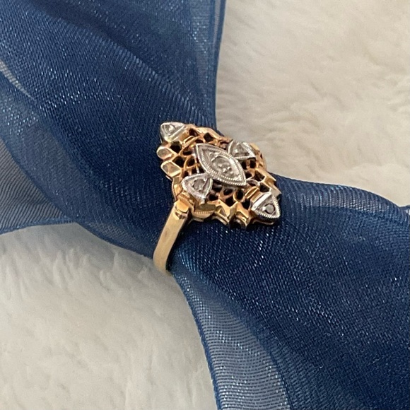 Vintage 14K Solid Gold Filigree Diamond Navette Ring Art Deco Revival Sz 4.75 - Picture 4 of 15